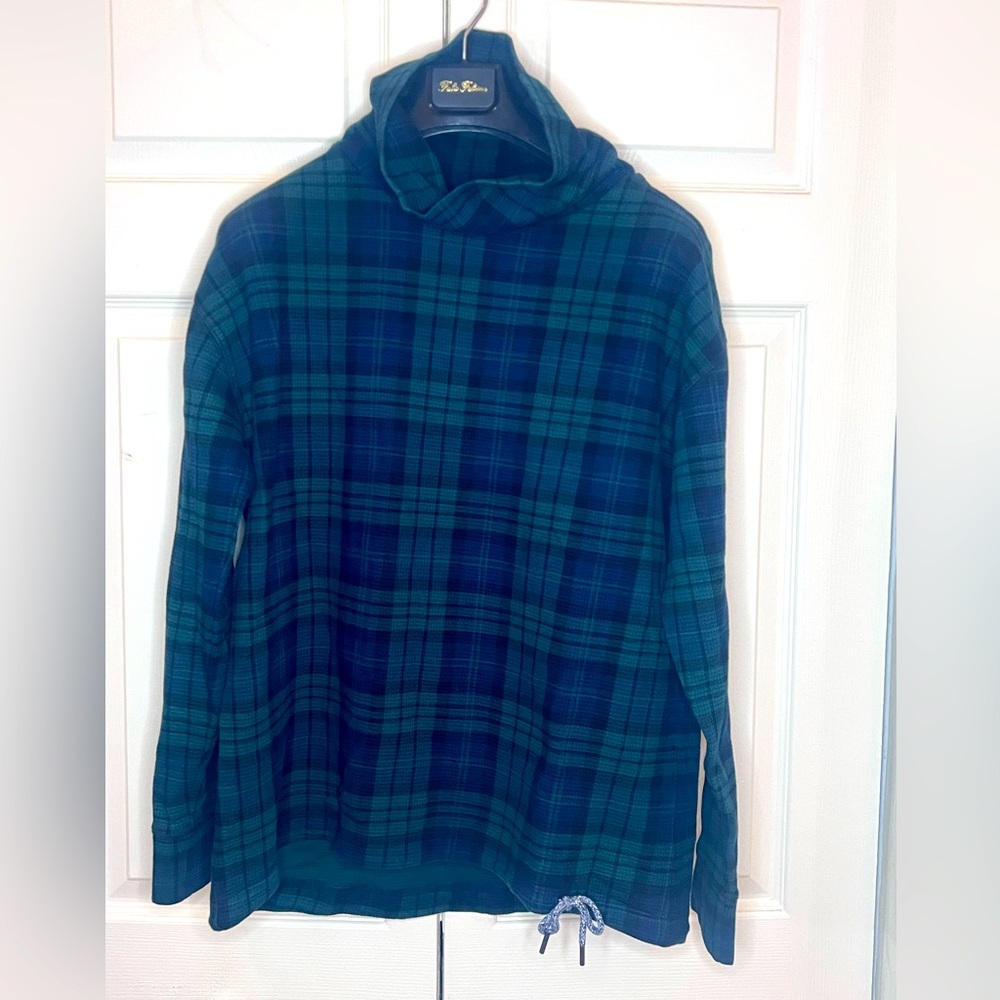 Lands' End Blue and Green long sleeve waffle funnel neck top. Size M NWOT